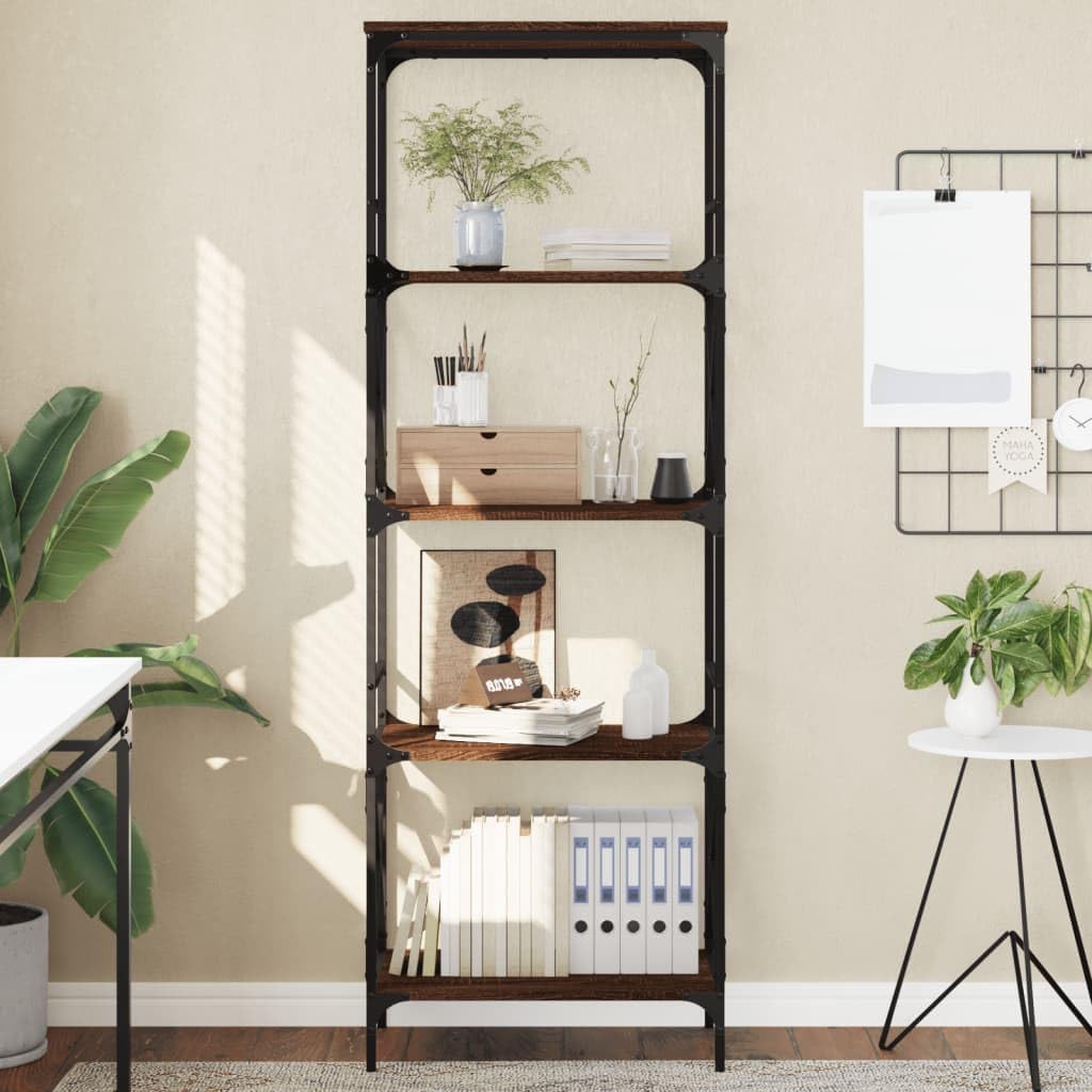 vidaXL 5-Tier Brown Oak Engineered Wood Bookshelf - Spacious Bookcase Display Cabinet with Adjustable Feet and Metal Frame for Office/Living Room